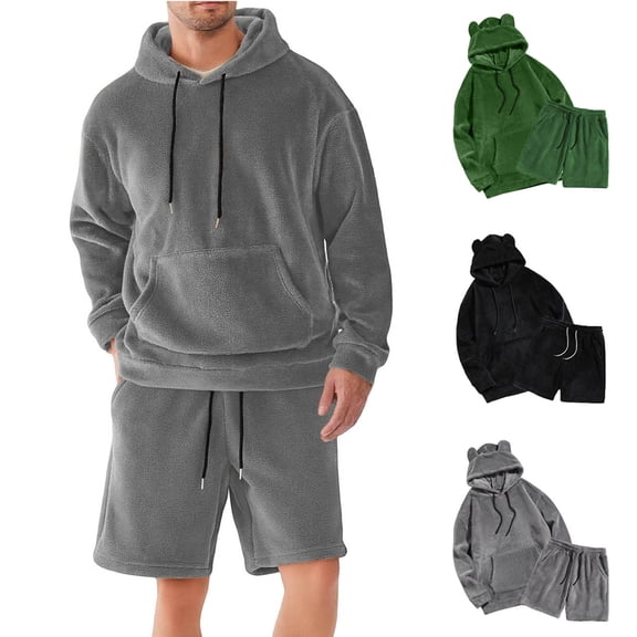 FRSASU Men's 2 Piece Tracksuit Sets Fleece Double -Faced Plush Fuzzy Long Sleeve Hooded Sweatshirt and Shorts Gray