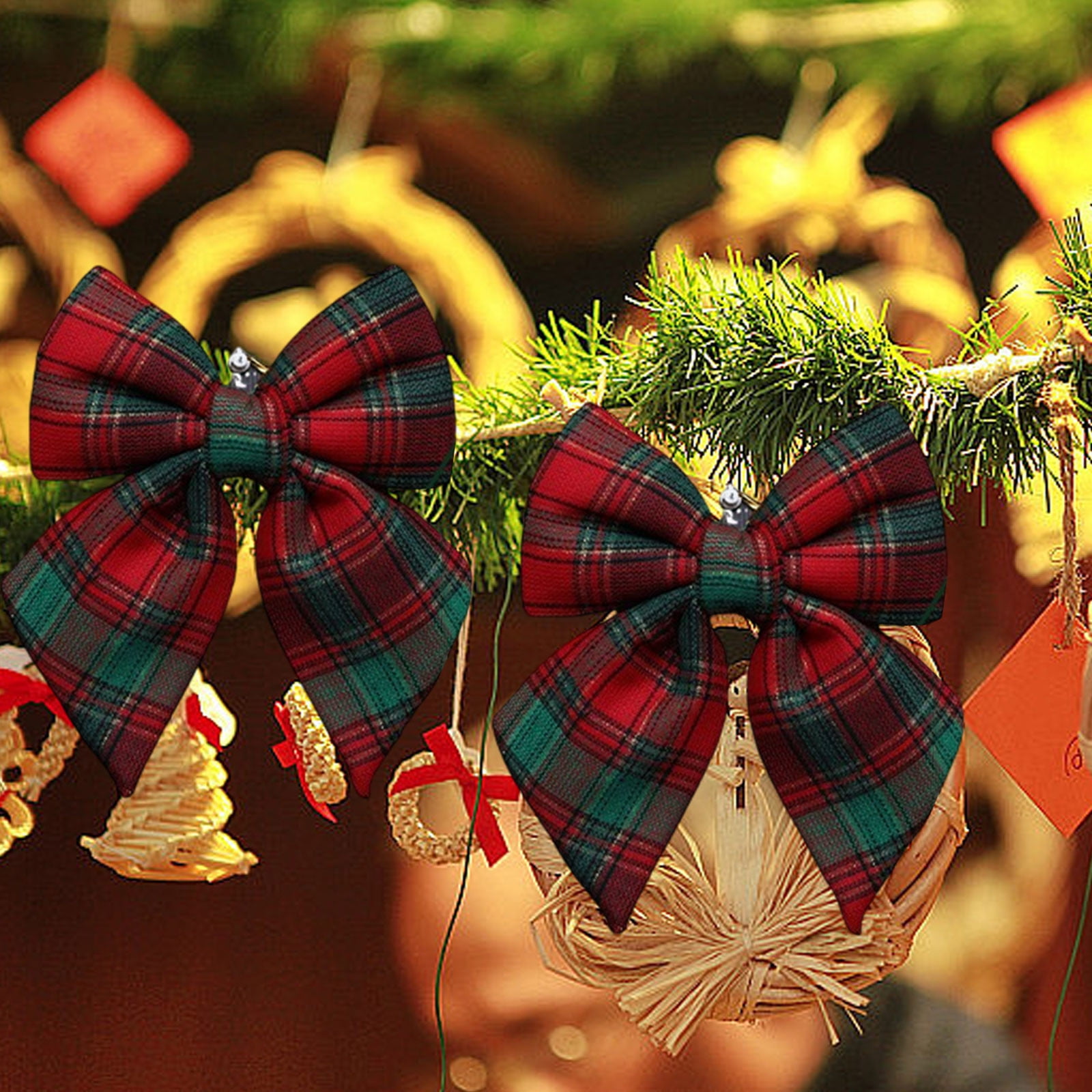 Fmbmuo Christmas Checkered Bows Decorations - Green Plaid Bows for Christmas Tree, Gifts, Wreaths & Home Decor（S）