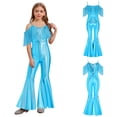 thumbnail image 5 of Raenseen Girls Sparkly Sequins Tassel Pageant Dance Party Jumpsuit Spaghetti Strap High Waist Flared Pants Romper Light Blue 12, 5 of 7