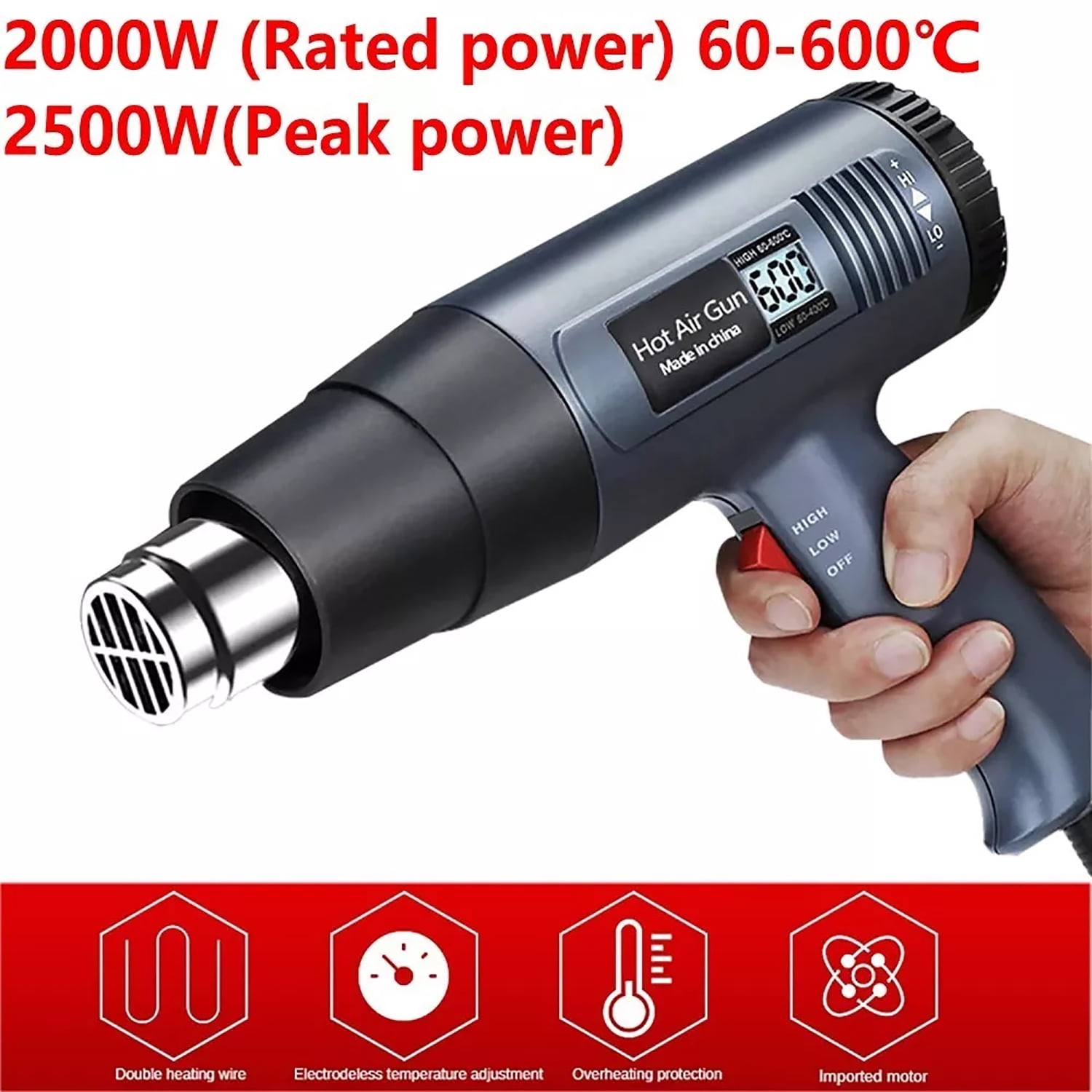 Heat Gun 2500W, 122°F - 1112°F (50°C - 600°C) - Fast Heating Heavy Duty Hot Air Gun Kit with Variable Temperature Control, Overheat Protection, and 4 Nozzles for Crafts, Shrinking PVC, Stripping Pain