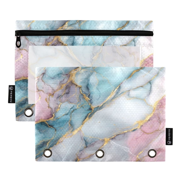 2 Pack 3 Ring Binder Pouch with Clear PVC Window Water Resistant Zipper Pencil Pouch Beautiful Soft Marble Pattern Binder Pocket for Classroom Office Home Stationery Organization