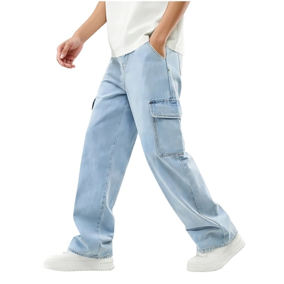 Scyoekwg Boys Jeans Casual Baggy Pants Spring Fashion Solid Color Comfy Button Cargo Jeans Light Blue 14-15 Years