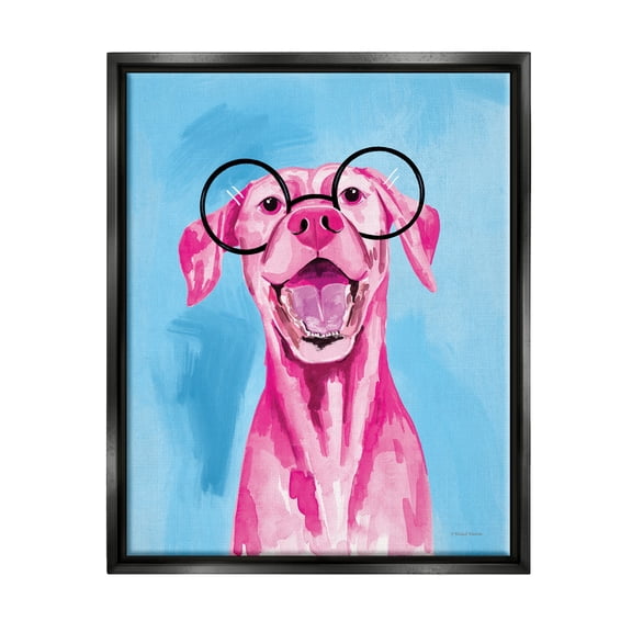 Stupell Industries Pink & Blue Happy Dog Animals & Insects Painting Black Floater Framed Art Print Wall Art, 17 x 21
