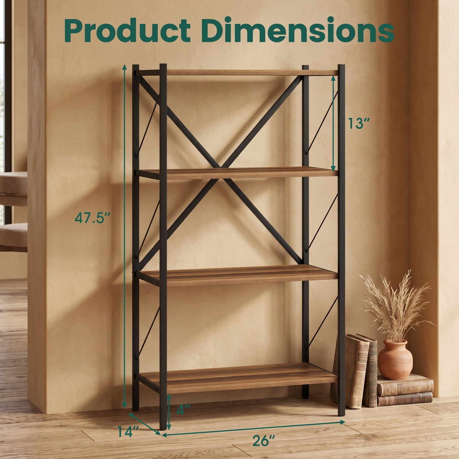 Furnibear 4-Tier Bookshelf with Heavy-Duty Metal Frame, X-Braced Freestanding Storage Bookcase Organizer Plant Stand for Living Room Bedroom Home Office, Walnut