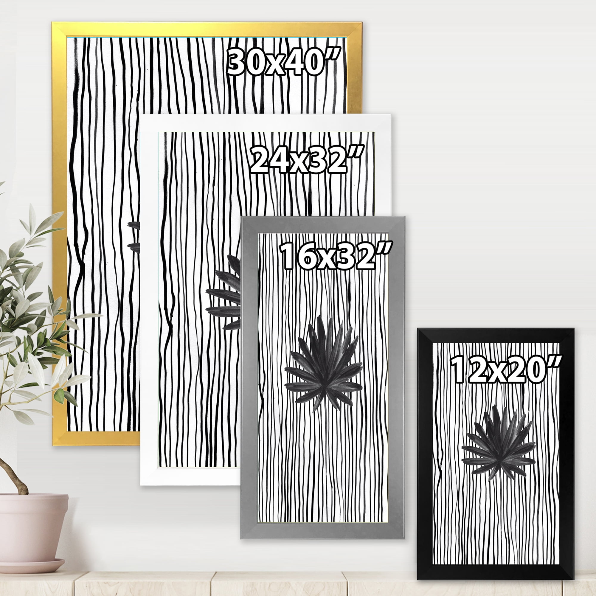 Designart 'Black and White Striped Under Tropical Leaf III' Modern Framed Art Print