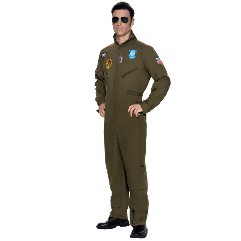 Syncfun Flight Pilot Costume for Adults Pilots Uniform Costume Movie Icon Green Jumpsuit for Men Halloween Party Fancy Dress Up Cosplay