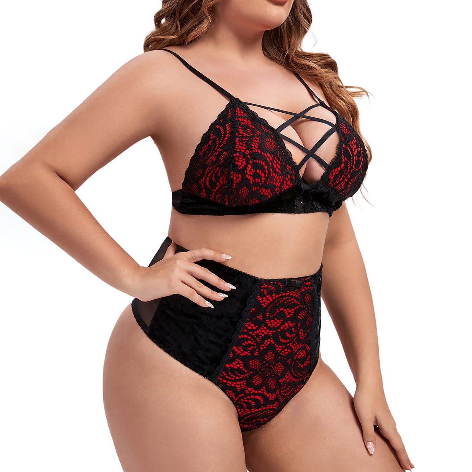 Vedolay Lace Bra And Panty Set Plus Size 2 Piece Lingerie for Women Strappy  Bra and Panty Underwear Sets Lace Underwear Set for Women(,3XL)