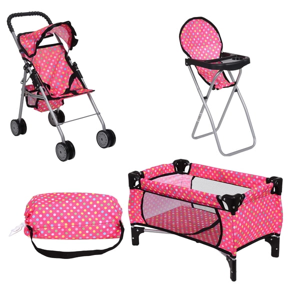 Fash n kolor Ensemble de Jeu pour Poupée Bébé 3 Pcs – Design à Pois Pack n Play, Poussette Pliable pour Poupée, Chaise Haute – Convient aux Poupées de 18 Pouces – P