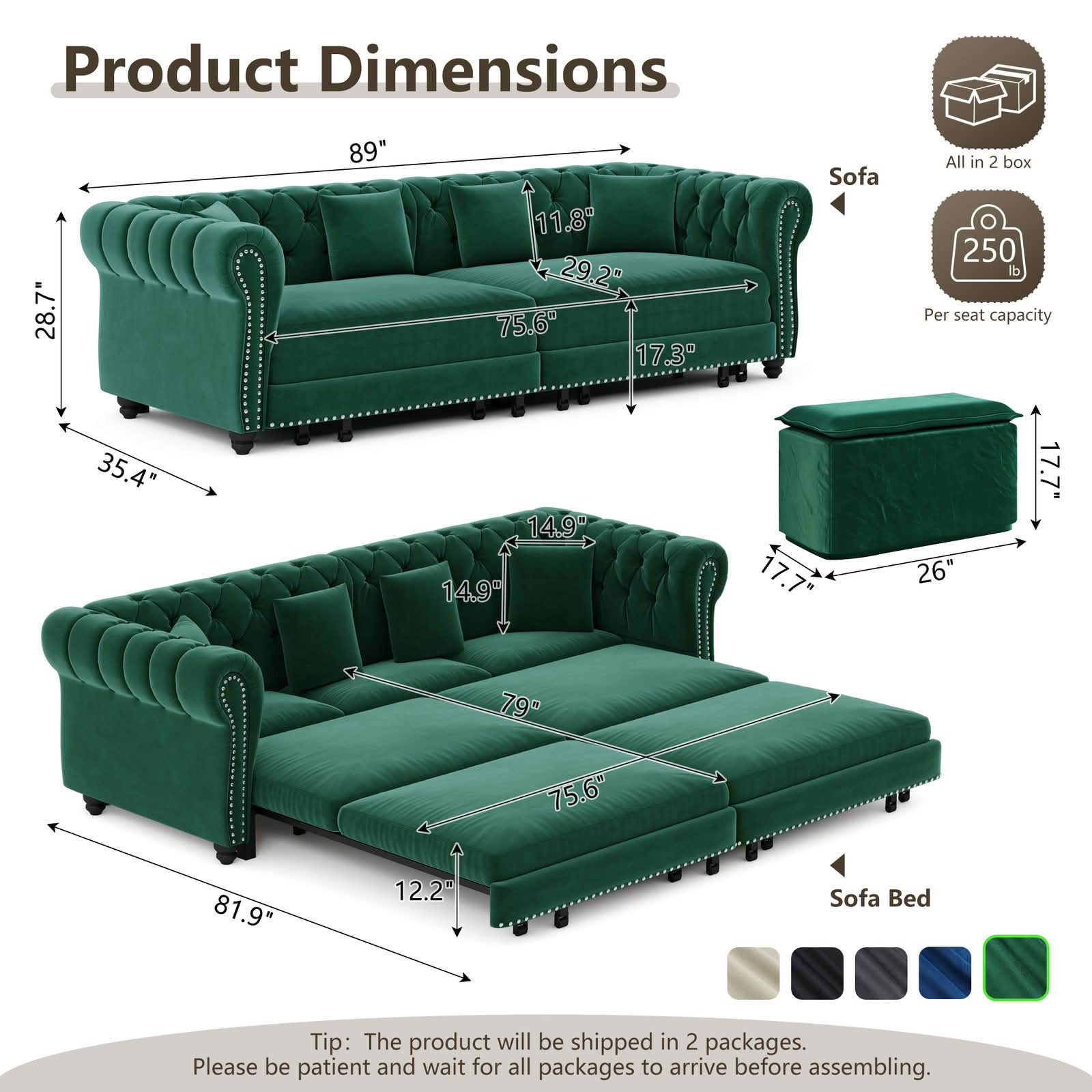 MAYEERTY 89" Chesterfield 3‑in‑1 Pull‑Out Sofa Bed, Tufted Velvet 3‑Seater Couch with Movable Ottoman, King Size Sleeper Chaise Lounge, 4 Pillows Included