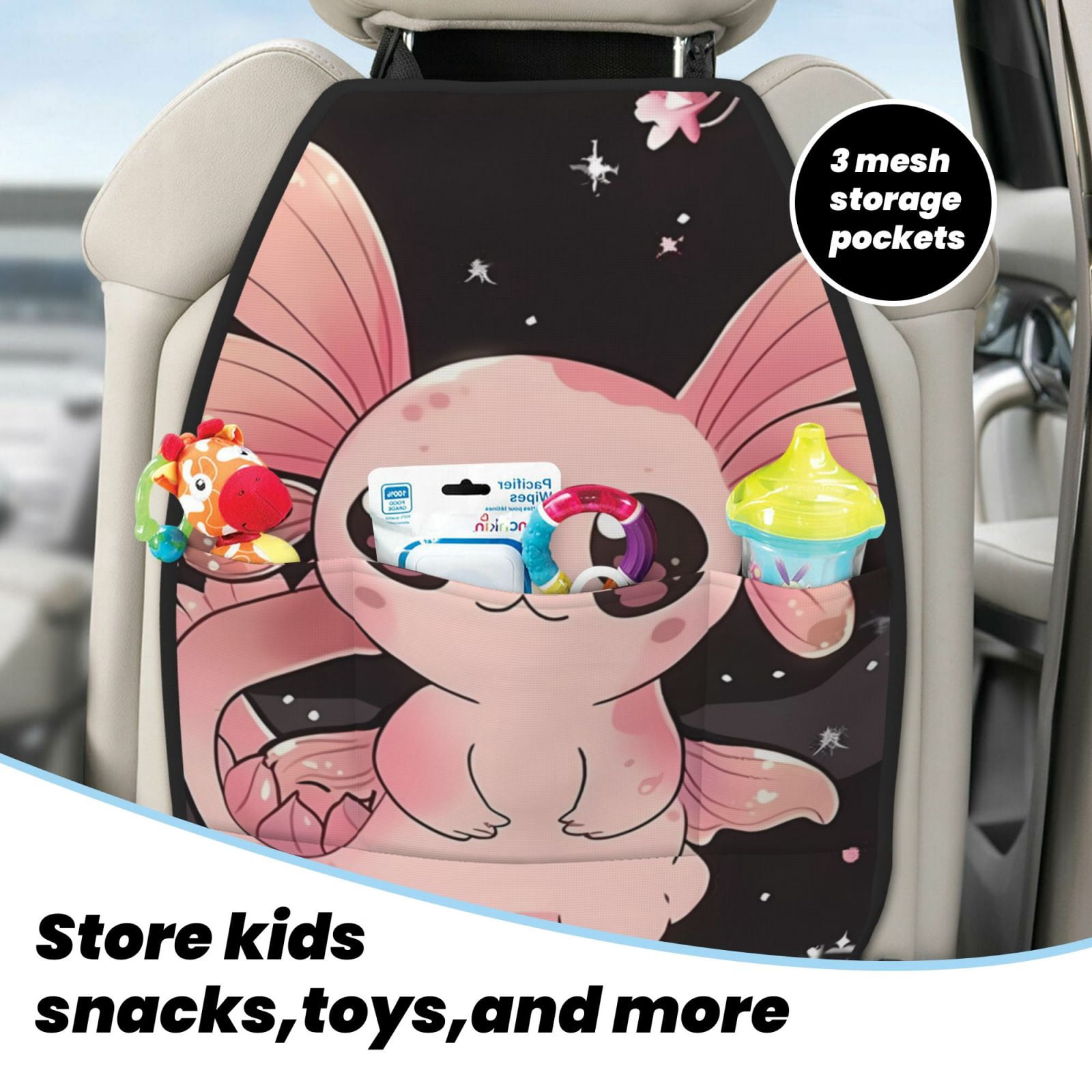 Xecao Cute Axolotl Sakura Blossoms B Pattern Car Seat Back Protector 2 Pack Large Capacity Pocket, Kick Mats Back Seat Protector