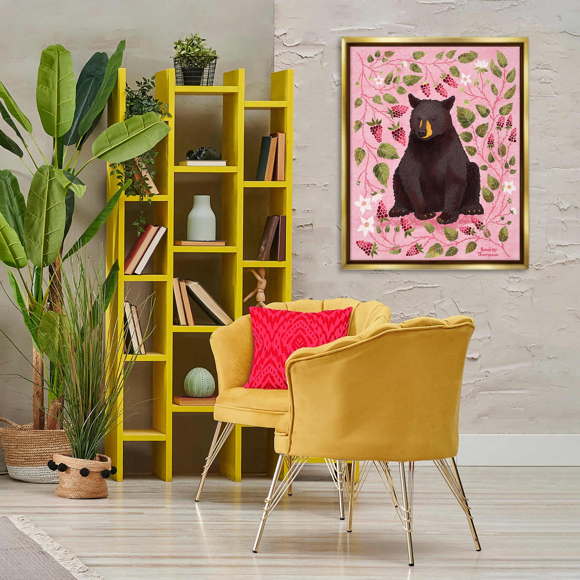 Stupell Industries Bear & Blackberry Plants Animals Painting Gold Floater Framed Canvas Art Print Wall Art, 25 x 31