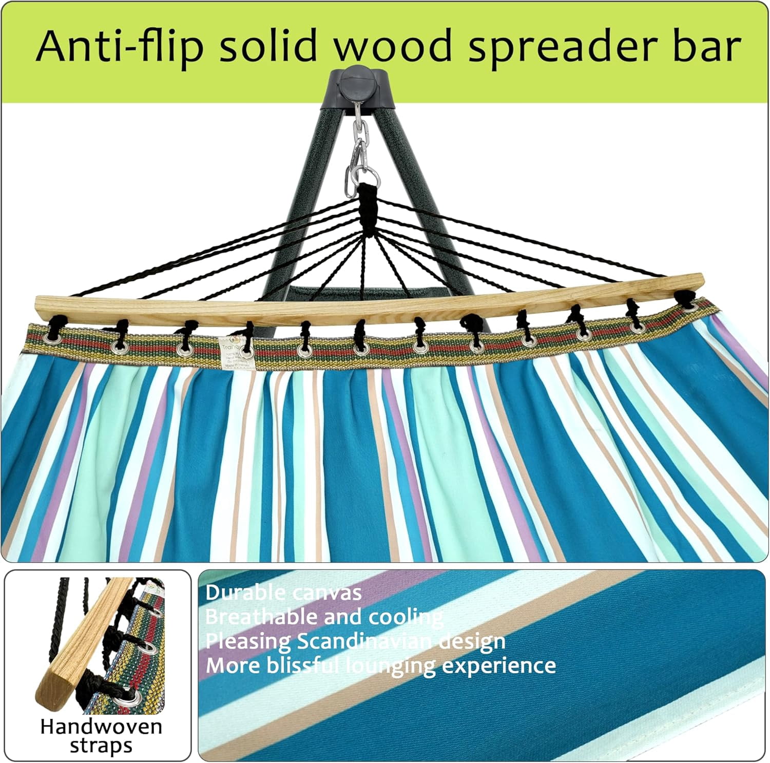 Tranquillo Universal Hammock with Stands Electro Static Coated Steel, Adjustable Foldable Hammock Stand with 2 Layered Polyester Net and Carry Bag for 2 Persons. Canvas - Blue Leaf