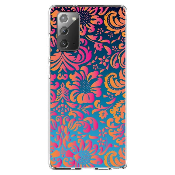 DistinctInk Clear Shockproof Hybrid Case for Samsung Galaxy Note 20 (6.7" Screen) - TPU Bumper, Acrylic Back, Tempered Glass Screen Protector - Pink Orange Blue Flower Floral