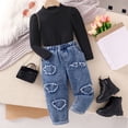 thumbnail image 2 of CPNG Girls Clothes 2 Piece Outfit Long Sleeve Round-Neck Top + Heart Loose Denim Jeans Winter Fall Clothing Set(Black,5 Years), 2 of 8