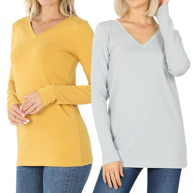 CHUANK Femmes et Grande Taille T-shirt de Base en Coton Coupe Décontractée Col en V Manches Longues Uni Actif Décontracté (S-3X)