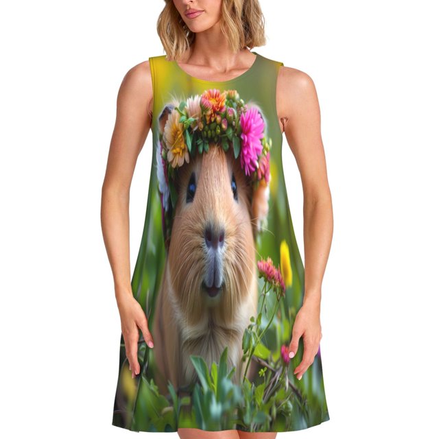 Fotbe Flower Crown Guinea Pig Vestido de Verano sin Mangas para Mujer – Vestido Midi Línea A, Estilo Camiseta Floral, Vestido Playero Casual y Fluido