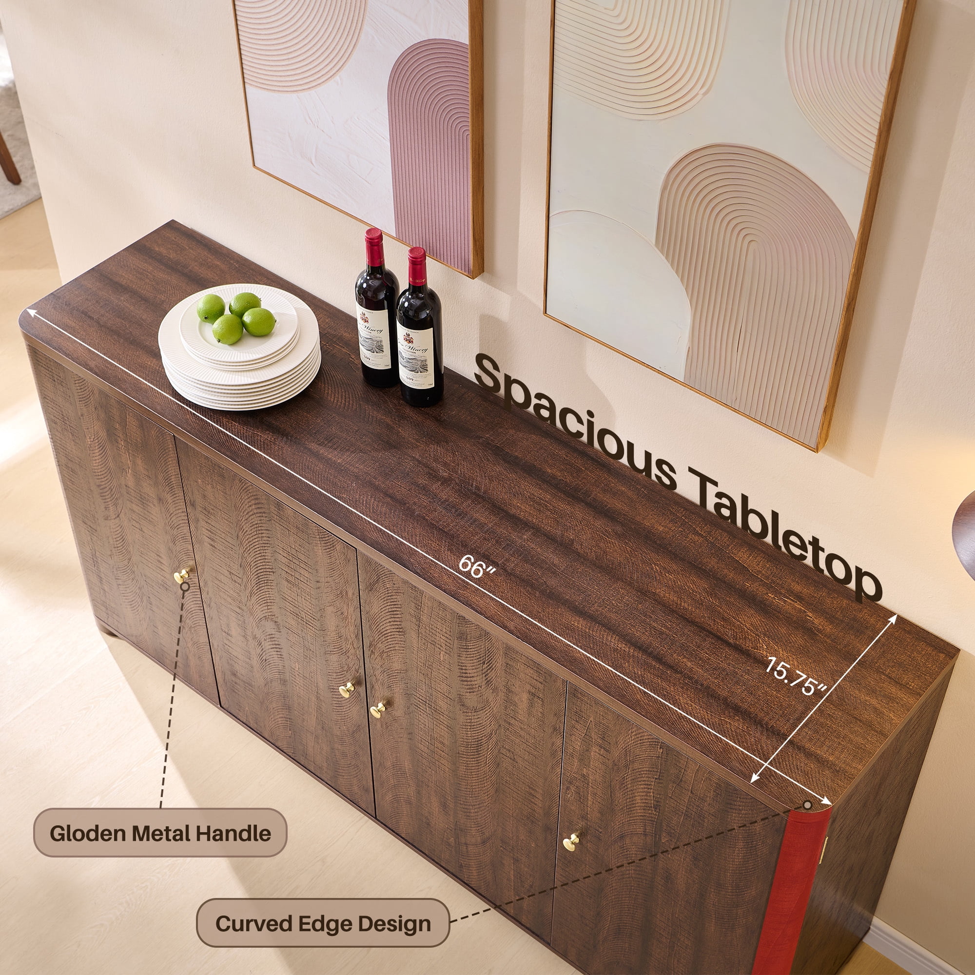 Aitjunz Kitchen Buffet Sideboard Cabinet, 66" Curved Coffee Bar Storage Cabinet with 4 Doors and Shelves for Kitchen, Dining Room, Brown