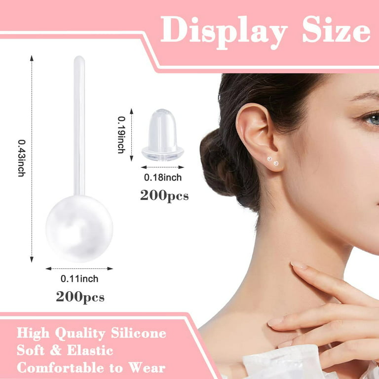 Clear Earrings For Sports, 400Pcs 18g Plastic Earrings For Sensitive Ears,  Clear Stud Earrings for Work with Solid Plastic Posts and Soft Rubber Earring  Backs in 2 Organizer Box 4mm Flat-Head Clear