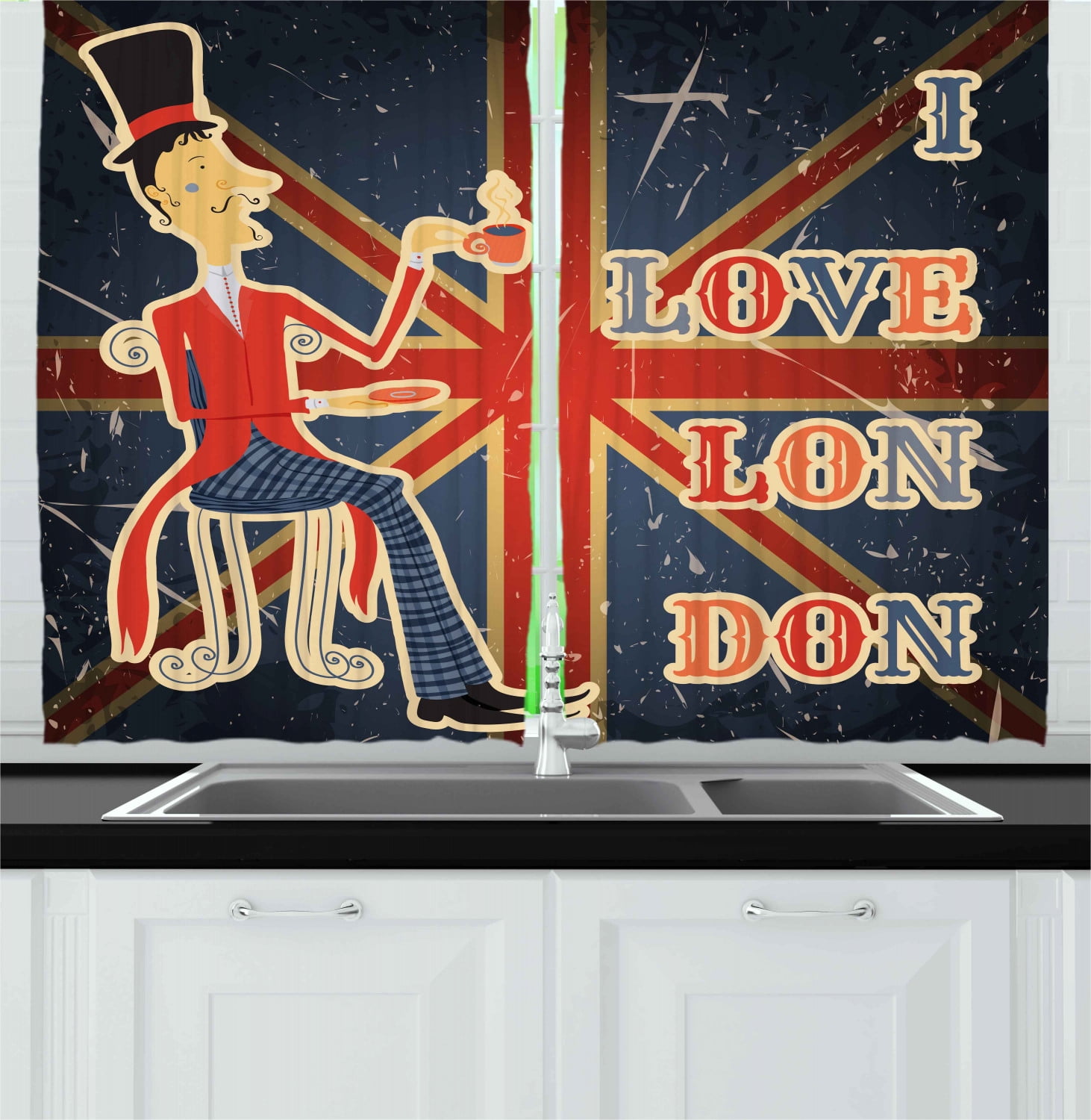 British Curtains 2 Panels Set I Love London Quote With English