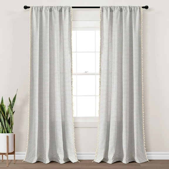 Lush Decor Boho Coastal Horizontal Ticking Stripe Tassel Window Curtain Panels Gray 52X84 Set