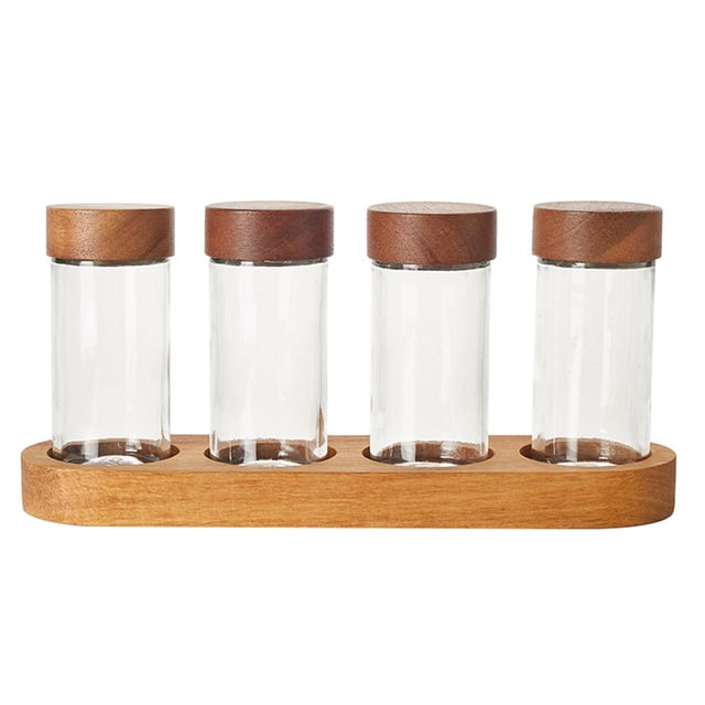 Contenedor de condimentos de 4 piezas, juego de tarros de condimentos de vidrio Organizador Accesorio de cocina con tapa y bandeja Frascos de especias mayimx tarros de condimentos