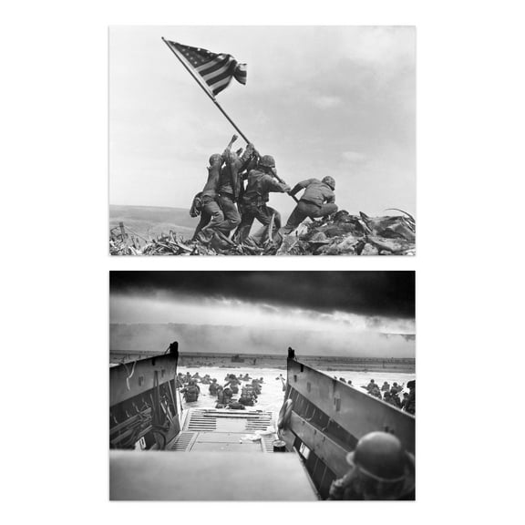 Normandy D-Day Landings Soldiers Raising Flag Iwo Jima & D-Day Jaws Of Death War USA Set Of 2 Unframed Wall Art Prints Study Office Aesthetic Iconic Photo 12X16 Inch