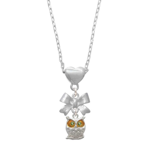 Delight Jewelry Silvertone Owl with Lime Green Crystal Eyes Silver tone Bow Heart Necklace