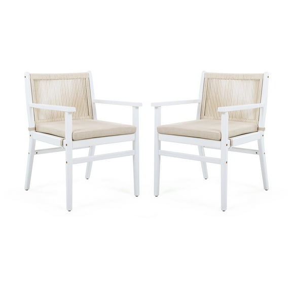 MAYEERTY 2 - Piece Outdoor Dining Chairs Acacia Wood Patio Armchair White Frame Rope - Design Back 400lbs Weight Capacity