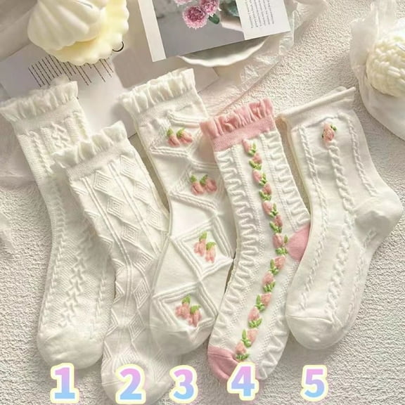 Socks 5 Pairs White Cute Socks Women's Lace Ruffles Ankle Casual Sock Breathable Mid Tube SocksFloral Crew Socks