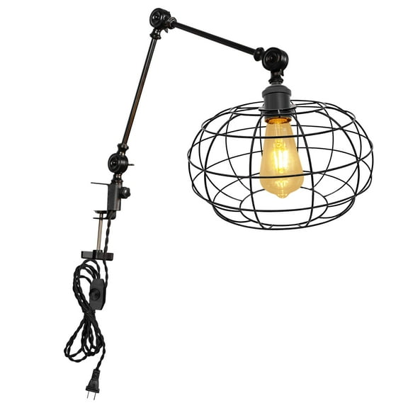 Kiven Dimmable Clip-on Desk Lamp, 1-Light Iron Industrial clip on light with Flexible Swing Arm, 8.2FT Plug in Cord, Decorative Clamp Lamp for Bookshelf Cabinet E26 Sokcet DZ0421