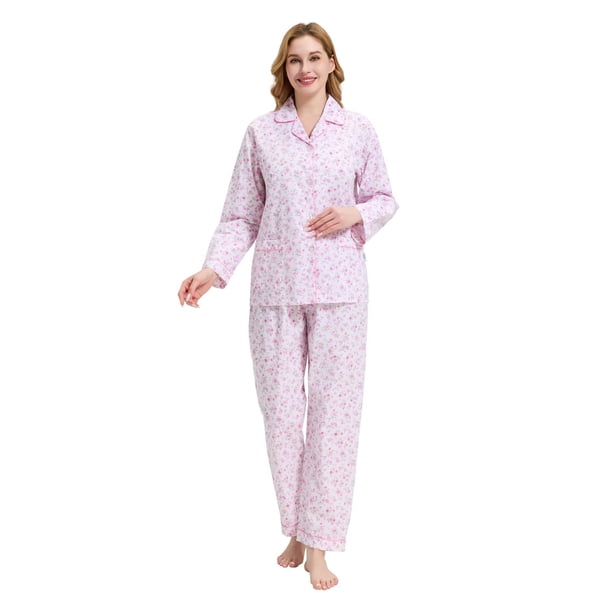 Apparonia Conjuntos de Pijama para Mujer Ropa de Dormir de Algodón Camisa de Manga Larga con Botones Al Frente y Pantalón Ropa de Dormir Cuello con Solapa Pjs Conjuntos de Descanso Flor Rosa M