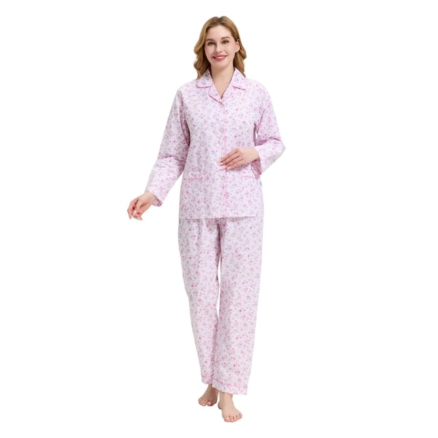 Apparonia Conjuntos de Pijama para Mujer Ropa de Dormir de Algodón Camisa de Manga Larga con Botones Al Frente y Pantalón Ropa de Dormir Cuello con Solapa Pjs Conjuntos de Descanso Flor Rosa XXL