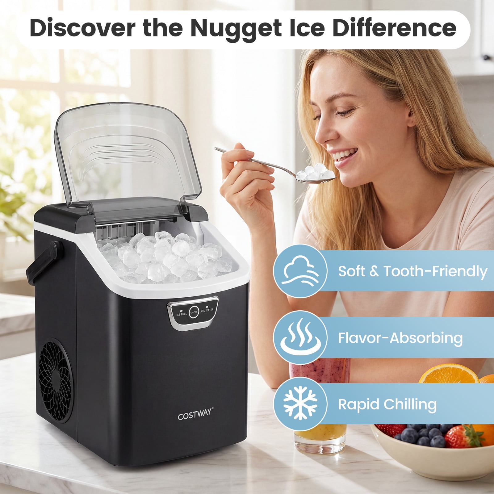 Costway Nugget Ice Maker Countertop with Audible Ice Full Alarm, Ready in 6 Mins for Home Black