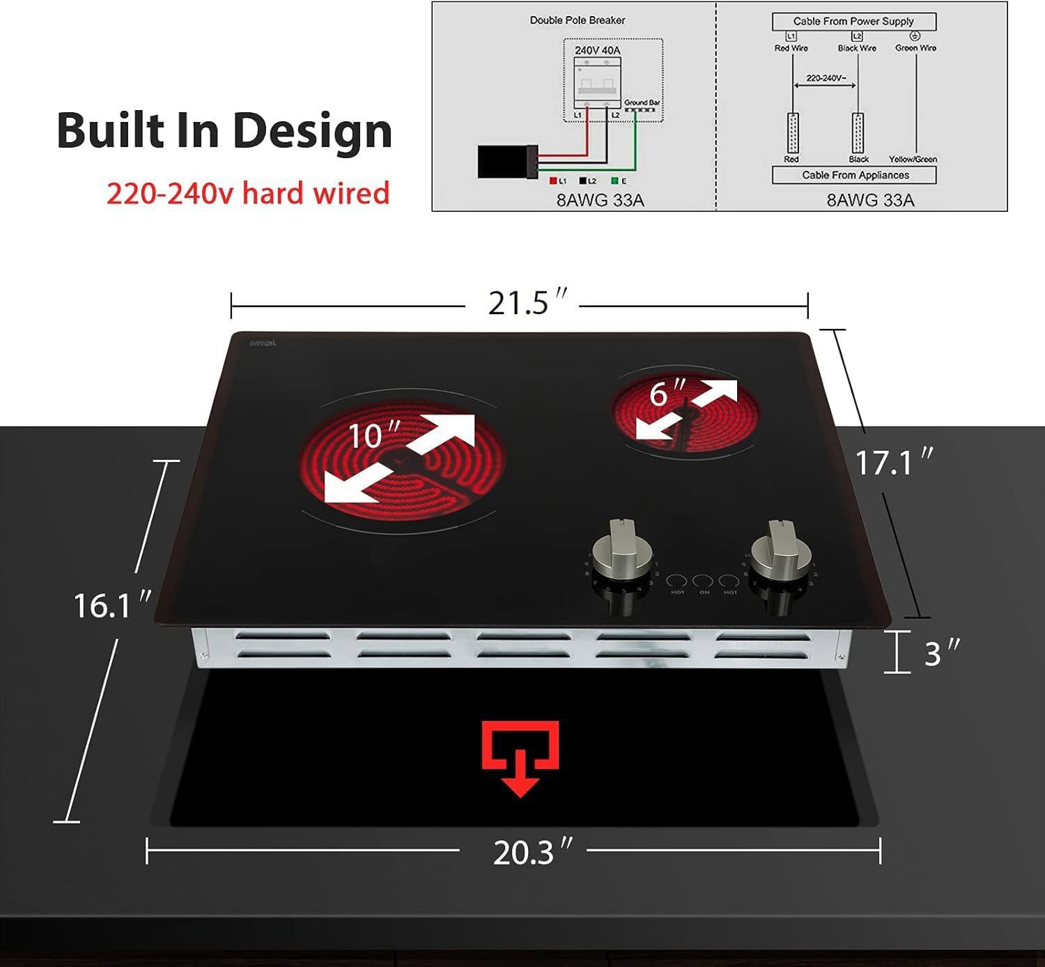 Joreek 21" Electric Cooktop Burners, 3700W 2 Burners Ceramic Glass Stove Top Touch Control Built-in Magnetic Cooktop with 9 Heating Level Child Lock & Over-Temperature Protection