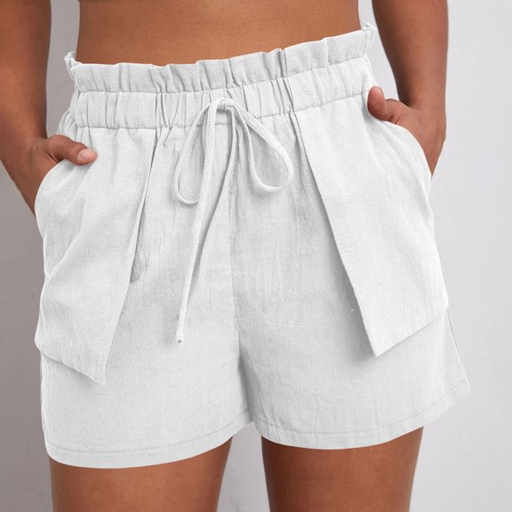 LVHAOGJOB Shorts for Women Elastic Waist Summer Linen Solid Color White Drawstring with Pockets Ladies Shorts Pants Loose