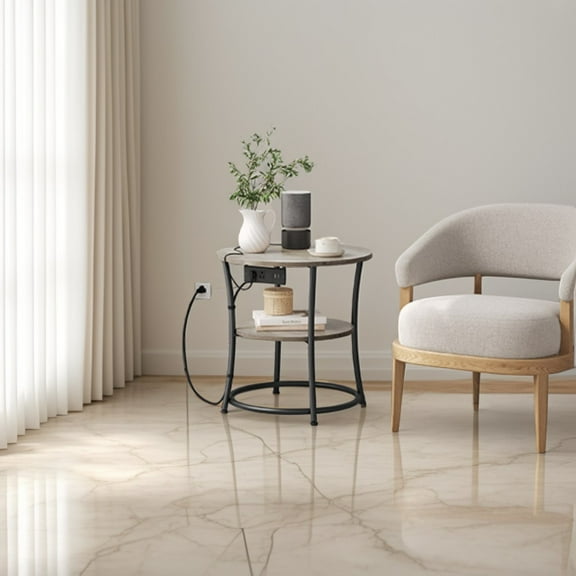 LEDREM 2-Tier Round Side Table with Power Outlets, 21.7 Inch Charging Nightstand with 2 AC & 2 USB Ports, Heather Greige & Ink Black