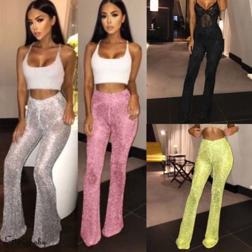 Womens Flared Glitter Sequin Leggings 