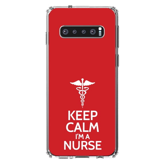 DistinctInk Clear Shockproof Hybrid Case for Samsung Galaxy S10 (6.1" Screen) - TPU Bumper, Acrylic Back, Tempered Glass Screen Protector - Red White "Keep Calm I'm a Nurse" - Support for Nurses