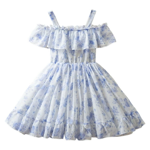 Tfken Toddler Kids Girls Dress Casual Floral Print A-Line Off The Shoulder Daily Wear Dresses Blue Size 2-3 Years