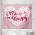 thumbnail image 1 of Saying Tapestry, You Make Me Happy Floral Branches Formed Heart Shape Vintage Lettering, Fabric Wall Hanging Decor for Bedroom Living Room Dorm, 5 Sizes, Blush White Dark Coral, by Ambesonne, 1 of 1