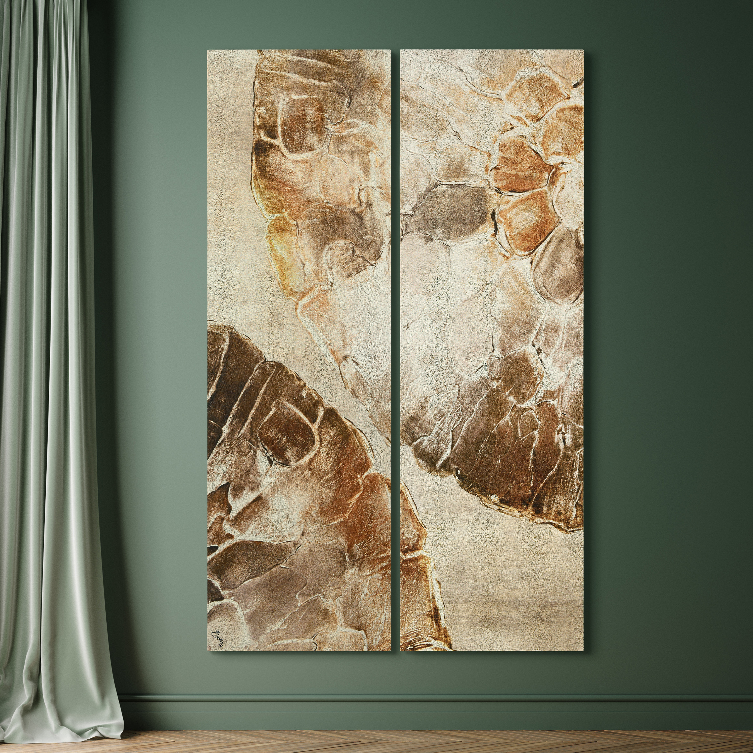 "Golden Layers I" Abstract artwork Rendered on Gold Shagreen Wrapped Canvas Wall Art Set, sized 72"x22"