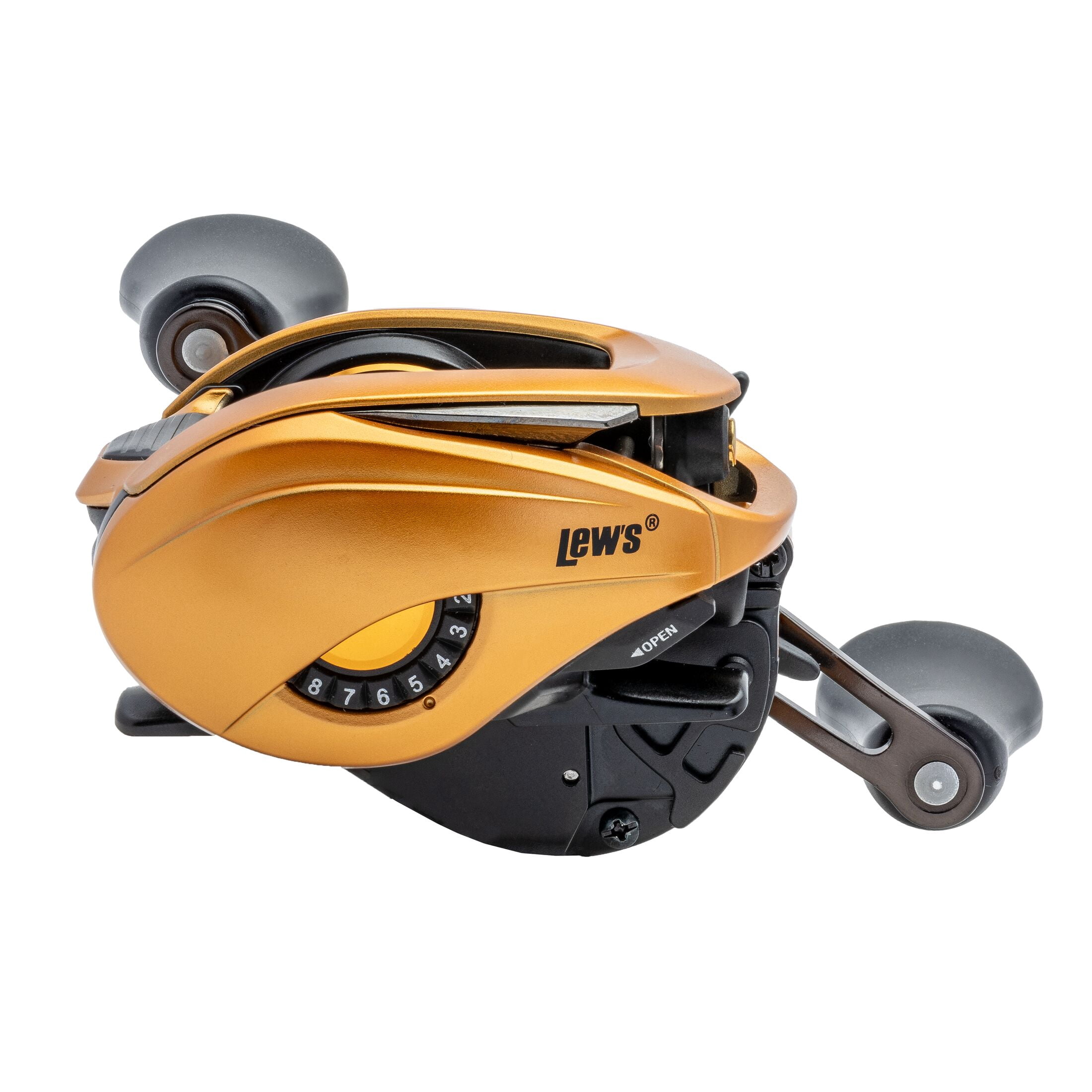 Lew’s Custom Pro Baitcast Fishing Reel, 10+1 Bearings, 7.5:1 Gear Ratio, Aluminum Frame and Sideplate, ParaMag ITB Brake, Aluminum Speed Gears, Carbon Fiber Drag, Left-Hand Retrieve, Gold/Black