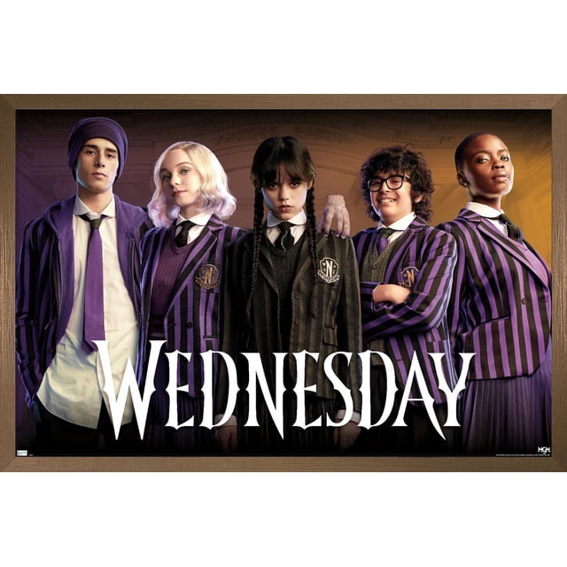 Wednesday - Group Wall Poster, 22.375" x 34", depicting five characters in purple and black striped school uniforms with white shirts and black ties, standing against a dark ornate background with the title 'WEDNESDAY' in large white gothic font at the bottom, ideal for home or office wall decor.