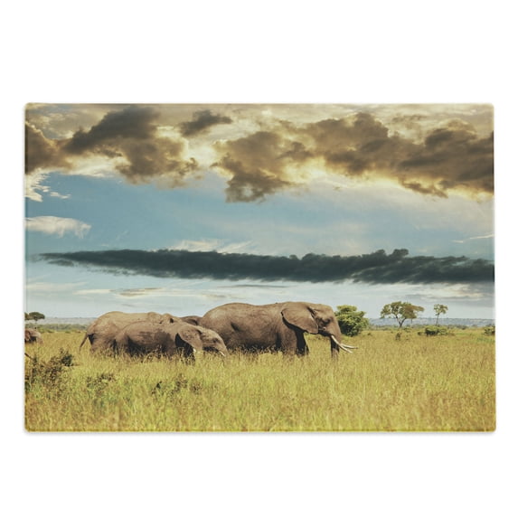 Safari Cutting Board, Big Savannah Family with Dark Cloudy Dramatical Sky Grassland, Decorative Tempered Glass Cutting and Serving Board, Large Size, Grey Yellow Blue, by Ambesonne