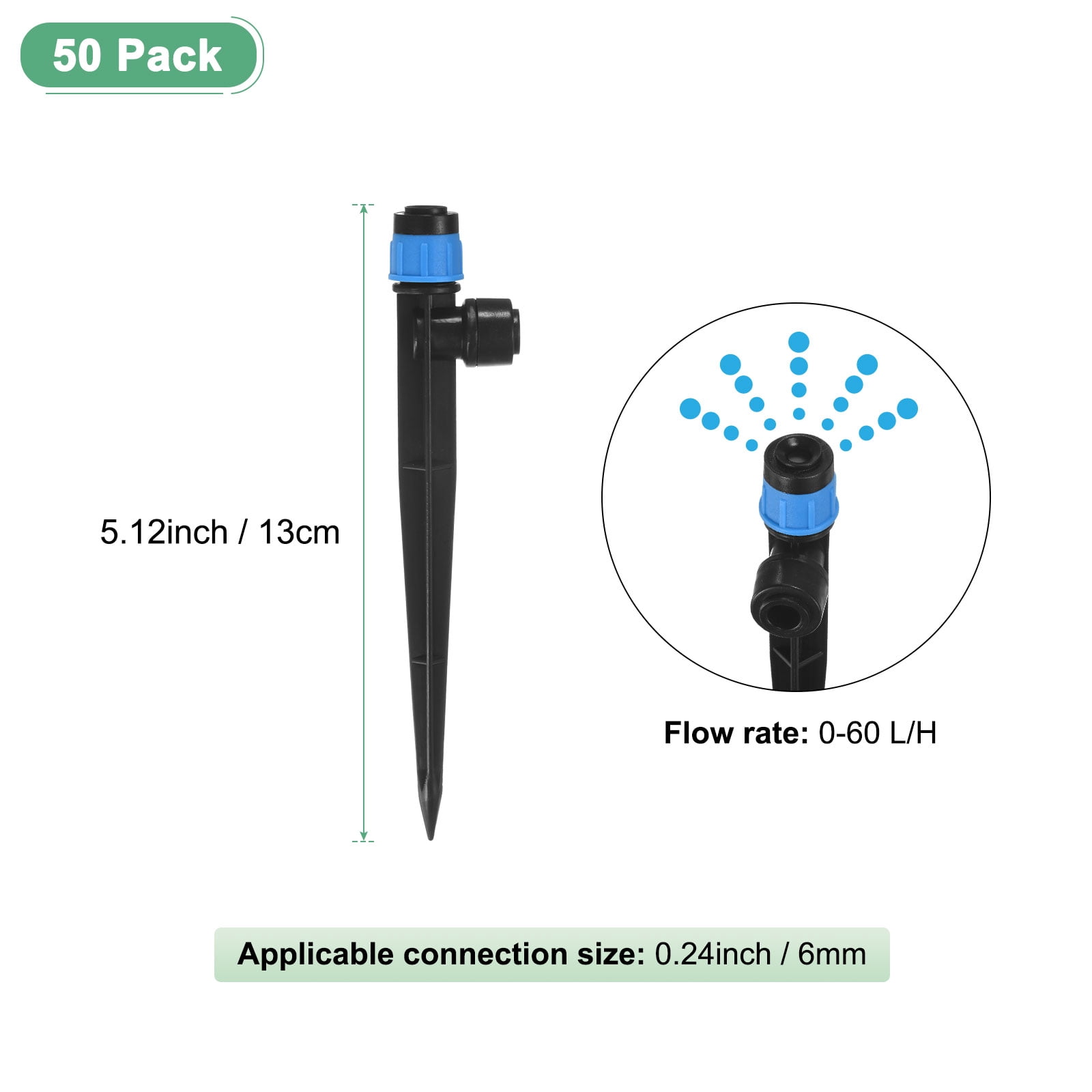 Uxcell 50-Pack Drip Irrigation Emitters, Adjustable 360 Degree Water Flow for 1/4" Tubing [Blue, Drip]