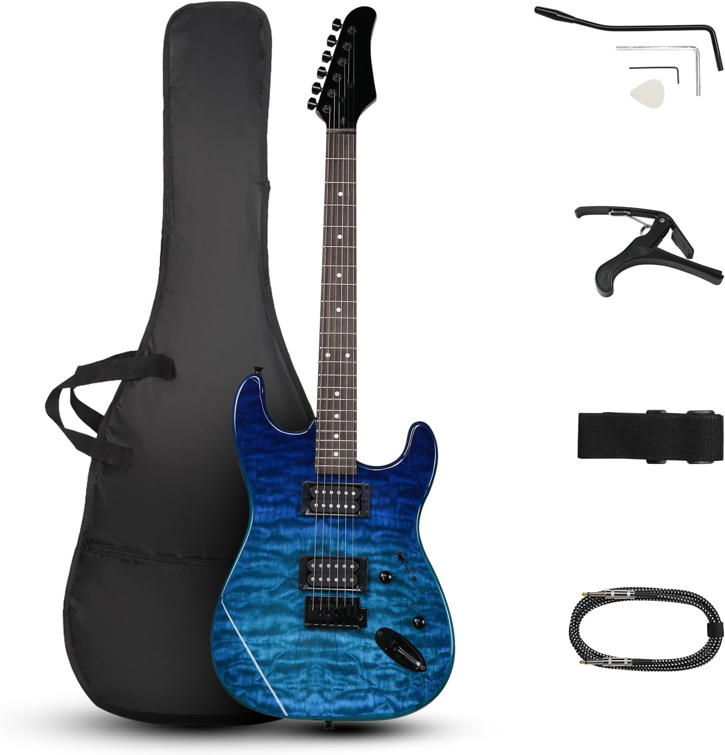 39 Inch Electric Guitar, Full Size Solid Body H-H Pickups 6 Strings Beginner Guitar Kit With Gig Bag, Strap, Tremolo Arm, Cable & Picks (Black Back)