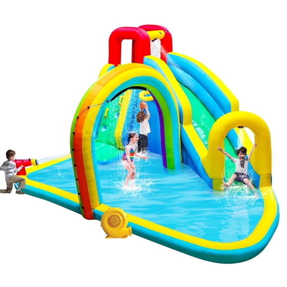 WELLFUNTIME Inflatable Water Slide Park with Blower, Kids Bounce House with Splash Pool and Rainbow Sprinkler