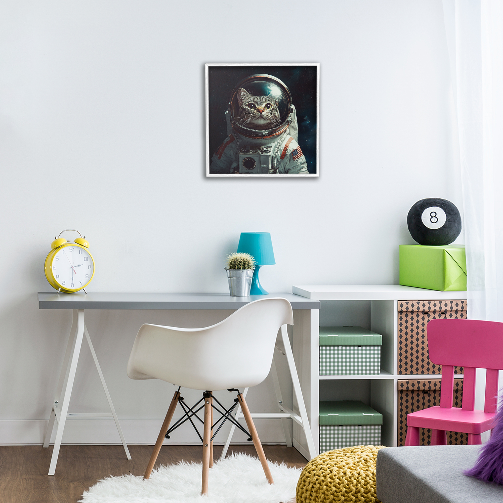 Catstronaut Cat Astronaut White Framed Giclee Art, design by Jim Baldwin