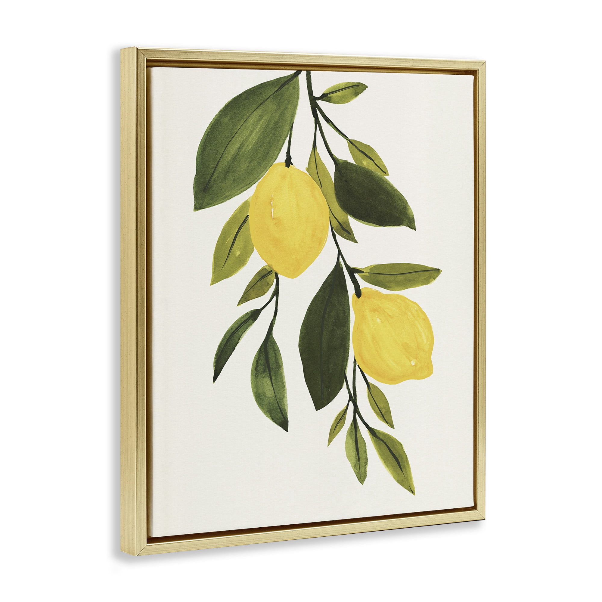 Stupell Industries Simple Yellow Country Lemon Leaf Botanical & Floral Painting Gold Floater Framed Canvas Art Print Wall Art, 17 x 21