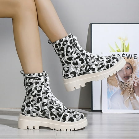 

Fesfesfes Platform Boots for Young Ladies Ladies And Winter Sponge Cake Thick Bottom Round Toe Leopard Print British Fashion Heel Ankle Boots 6(37)